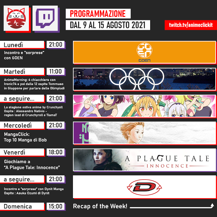 AnimeClick su Twitch: programma della settimana 9-15 agosto 2021