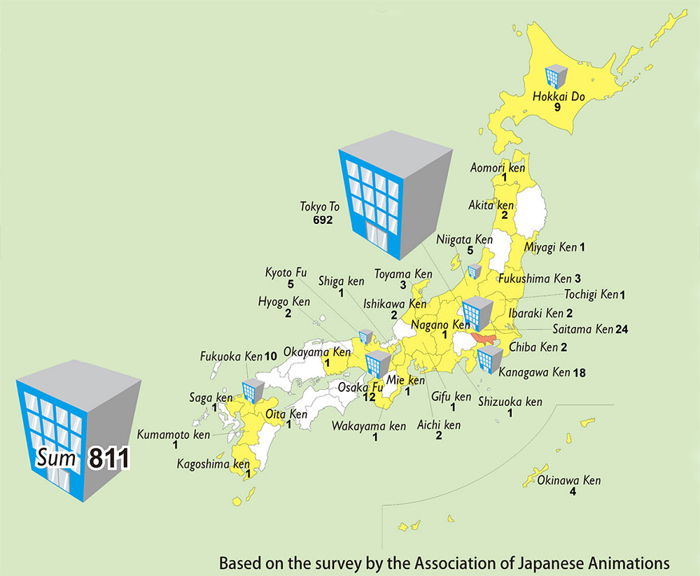 La mappa degli studi d'animazione in GIappone