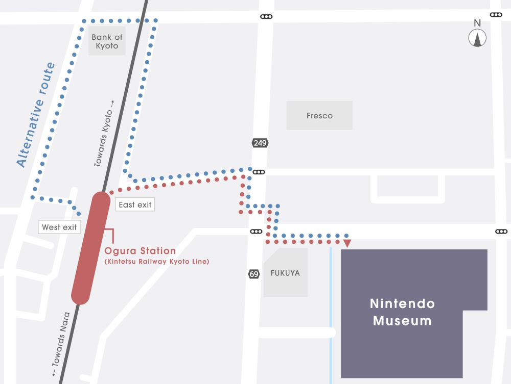 La strada da percorrere a piedi per raggiungere il Nintendo Museum dalla stazione Ogura Station della Kintetsu Railway Kyoto Line